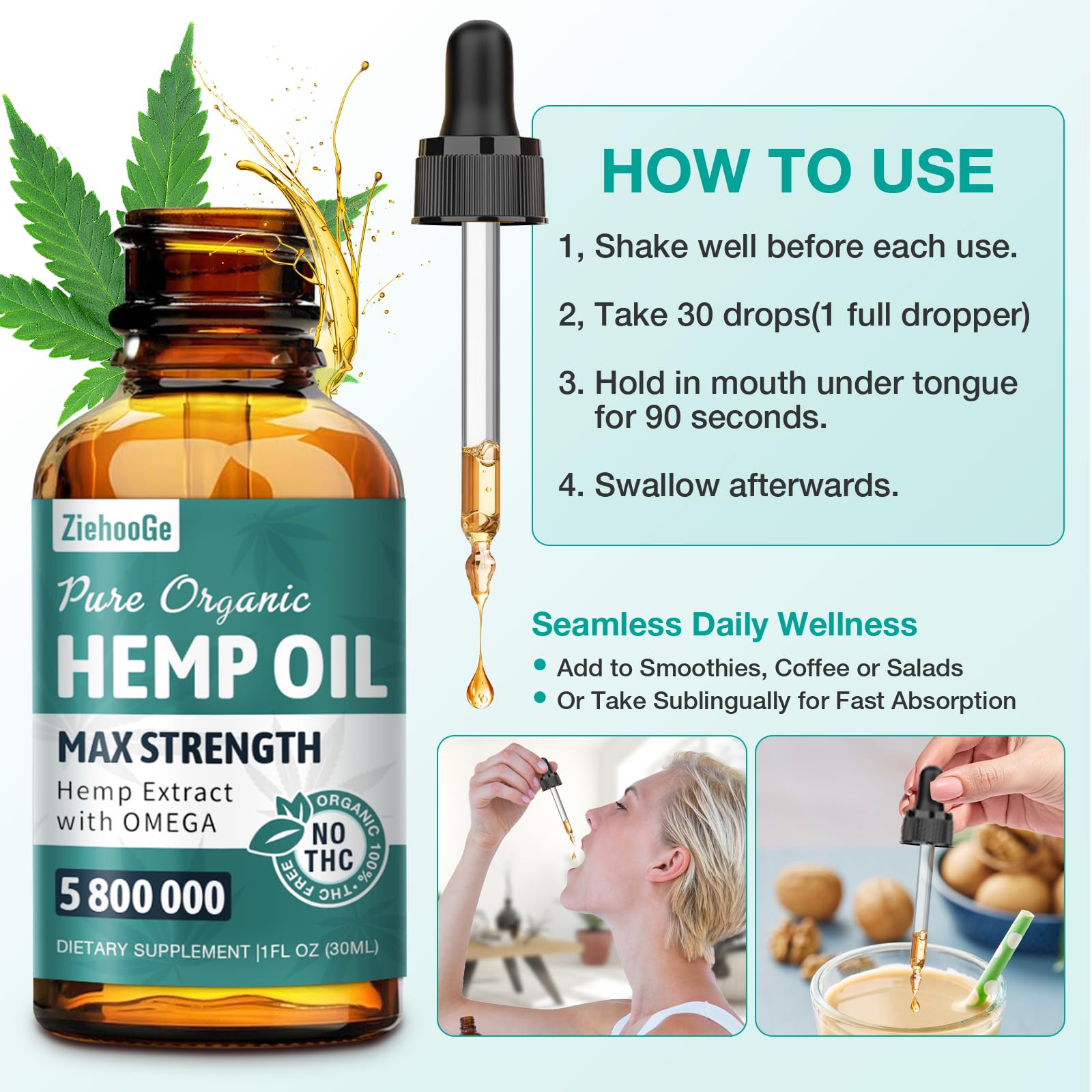 Graphic highlighting Omega 3-6-9 in ZiehooGe Hemp Oil