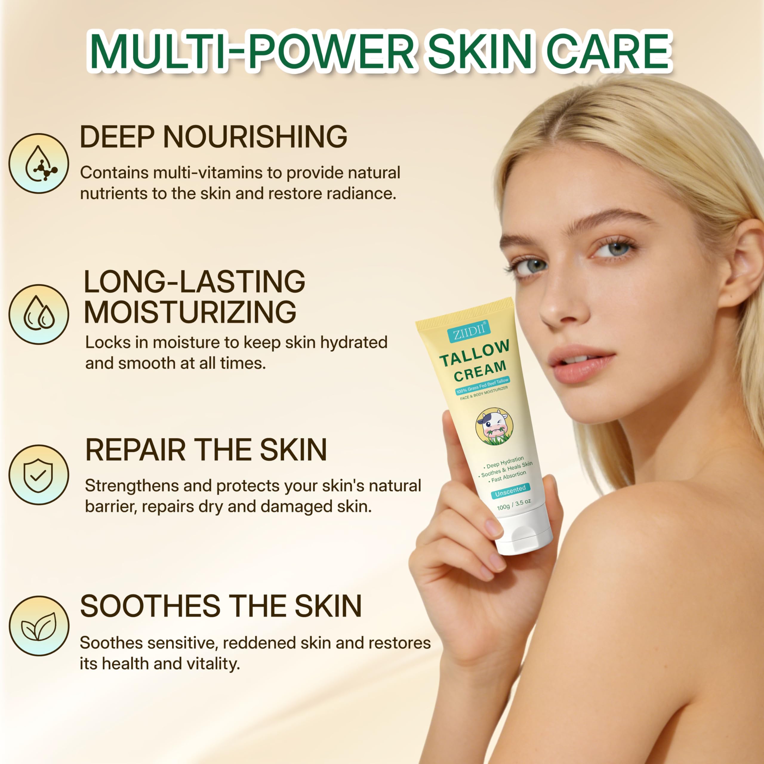 Skin nourishment close-up: ZIIDII Beef Tallow softens dry patches and promotes suppleness.