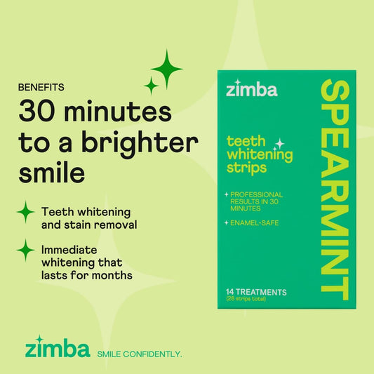Whitening strips placed on teeth showing application