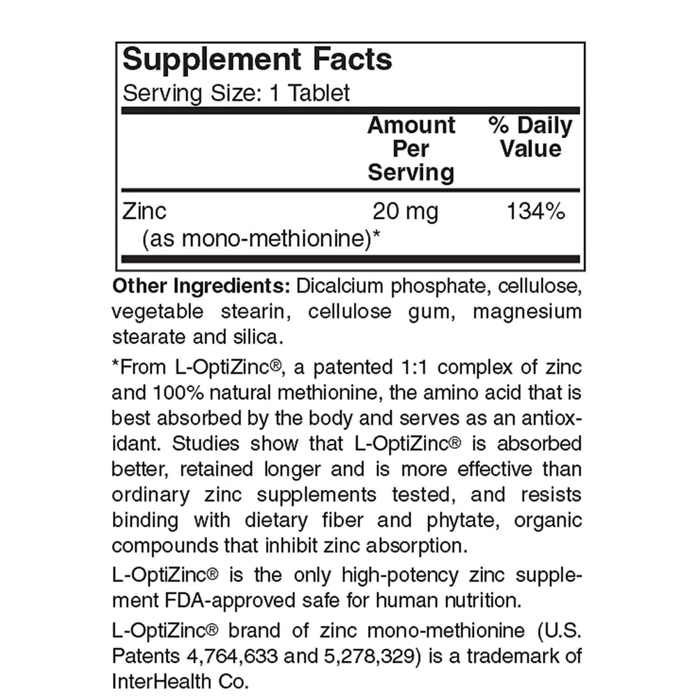 Zinc supplement dosage panel and ingredients information
