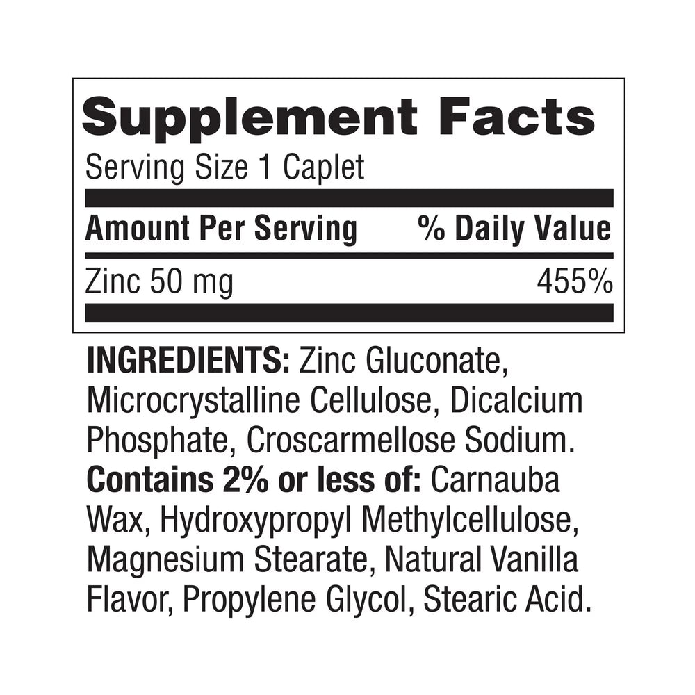 Zinc 50 mg gluconate caplets nutrition facts