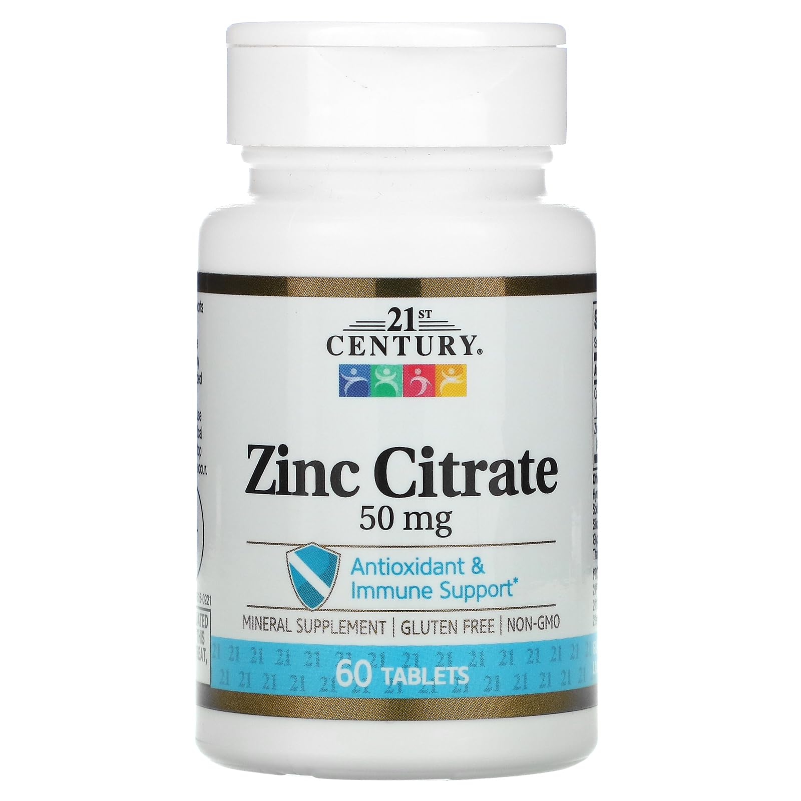 Front view of 21st Century HealthCare Zinc Citrate Tablets bottle, 50mg, 60-count