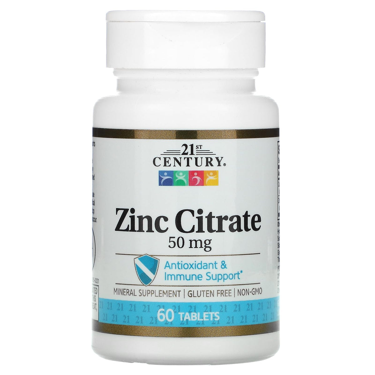 Front view of 21st Century HealthCare Zinc Citrate Tablets bottle, 50mg, 60-count