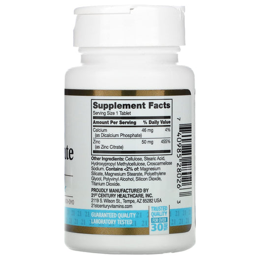 21st Century HealthCare Zinc Citrate Tablets bottle label showing 50mg per tablet
