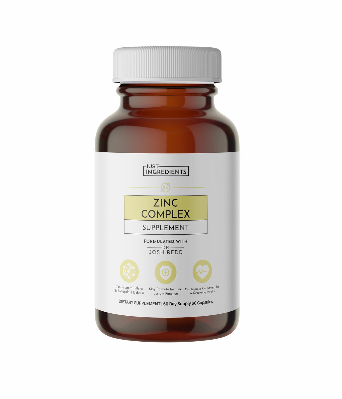 Just Ingredients Zinc Complex bottle featuring dual-zinc (bisglycinate & picolinate) with copper, quercetin and resveratrol