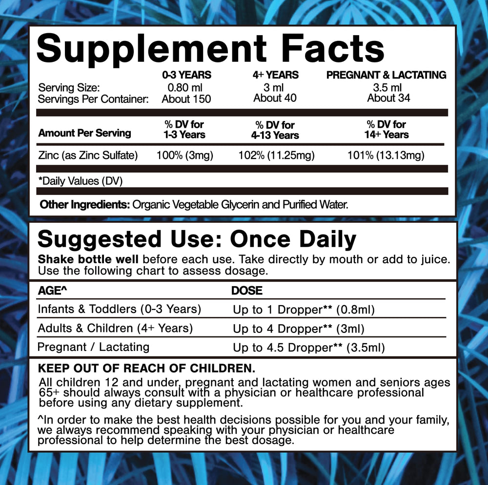 Nutrition facts label for zinc drops detailing ingredients and amounts.