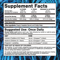 Nutrition facts label for zinc drops detailing ingredients and amounts.