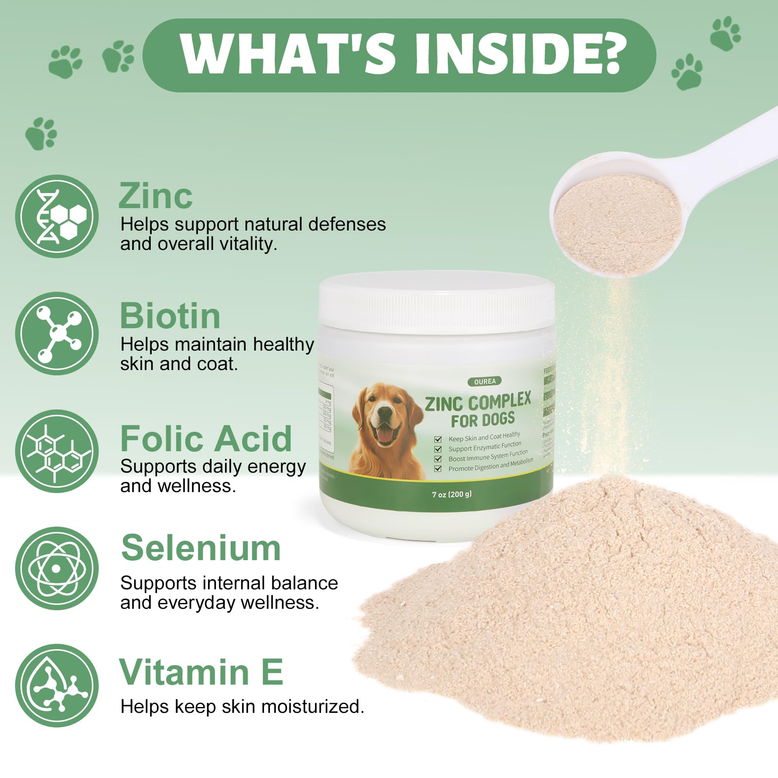 1g scoop for easy dosage of zinc powder for dogs