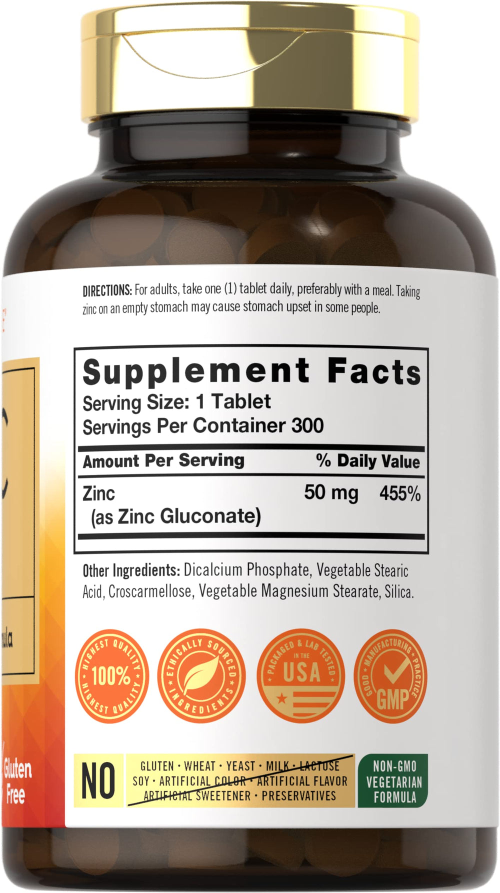 Zinc gluconate 50mg dietary supplement bottle image