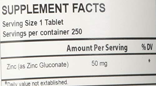 Serving size: 1 tablet for Zinc Gluconate 50 mg