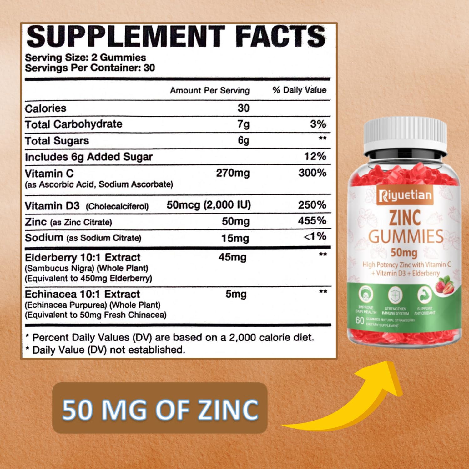 Ingredients panel showing zinc, vitamin C, D3 and elderberry