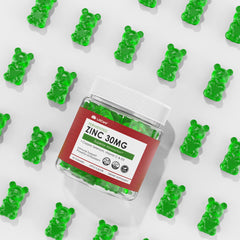 Close-up of gummy texture and ingredients on label
