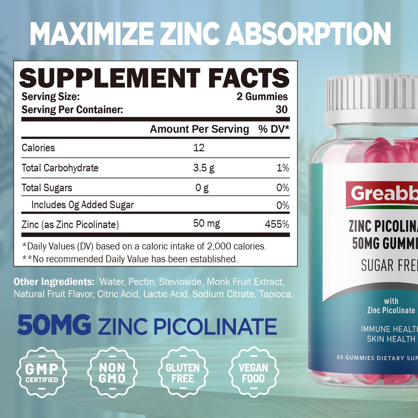 Vegan, GMO-free zinc picolinate gummies in GMP-certified facility