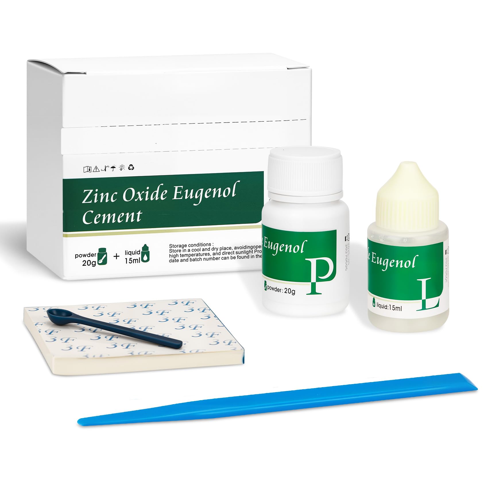 Zinc oxide eugenol dental kit components laid out