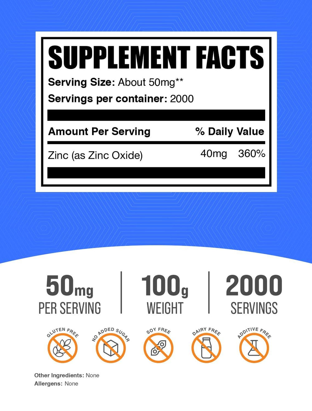 Per-pack information for zinc oxide powder