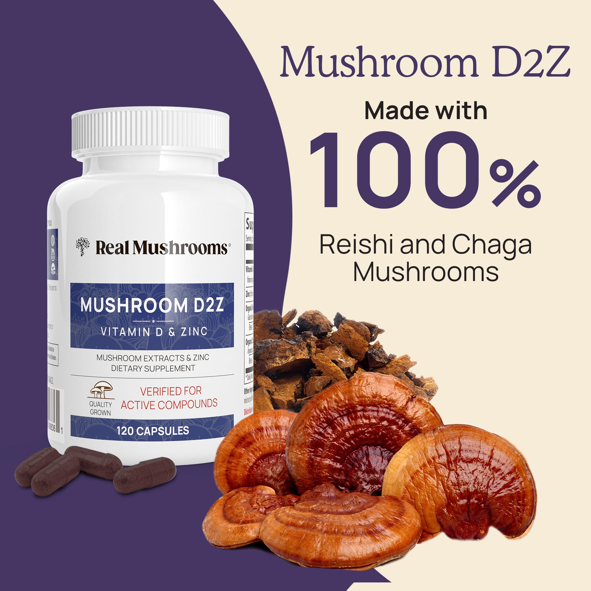 Zinc and Vitamin D2 capsules with organic reishi and chaga mushroom extracts