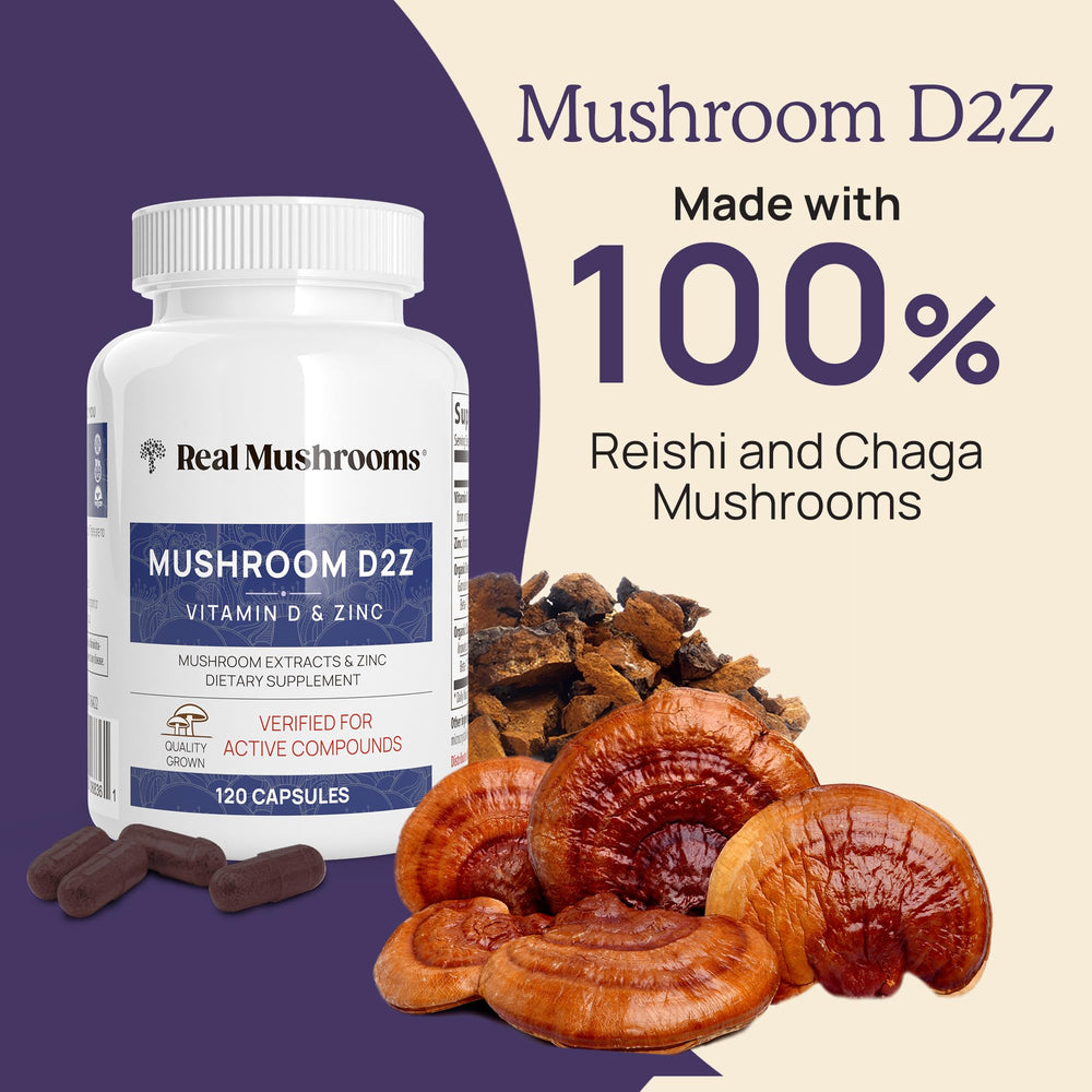 Zinc and Vitamin D2 capsules with organic reishi and chaga mushroom extracts