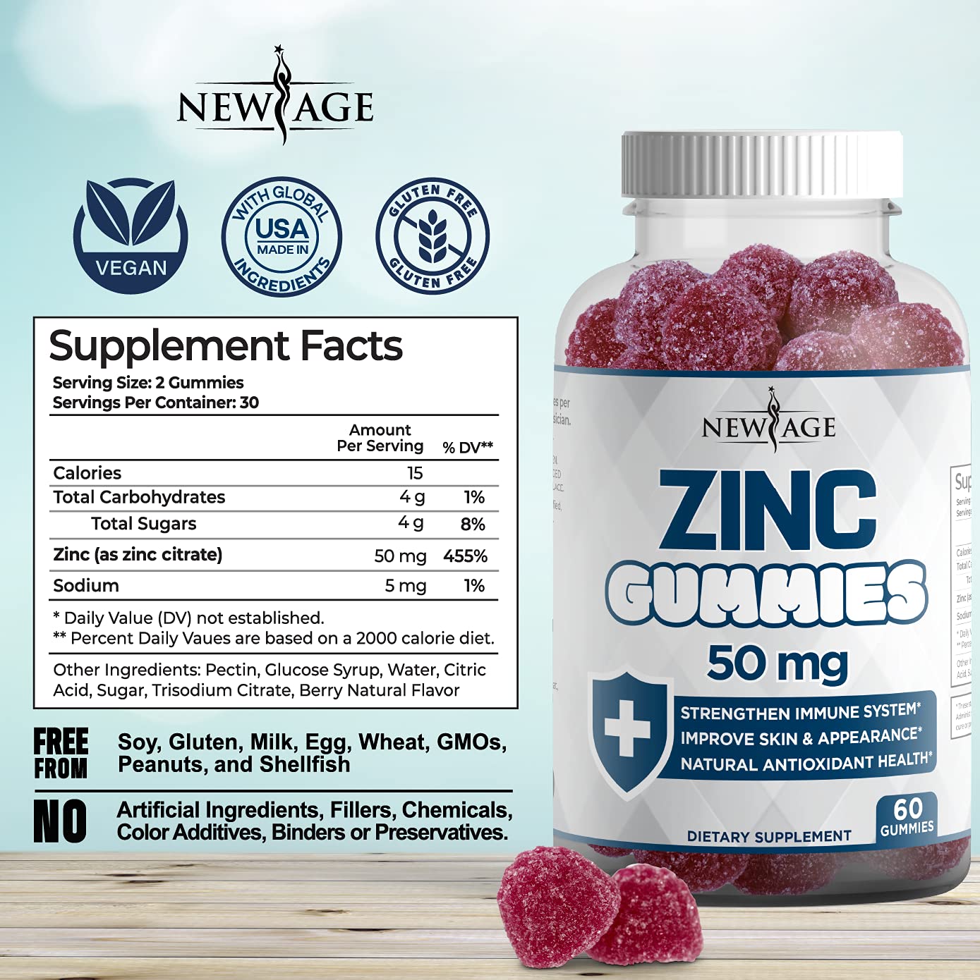 Close-up of Zinc Gummies bottle showing 50mg zinc per serving