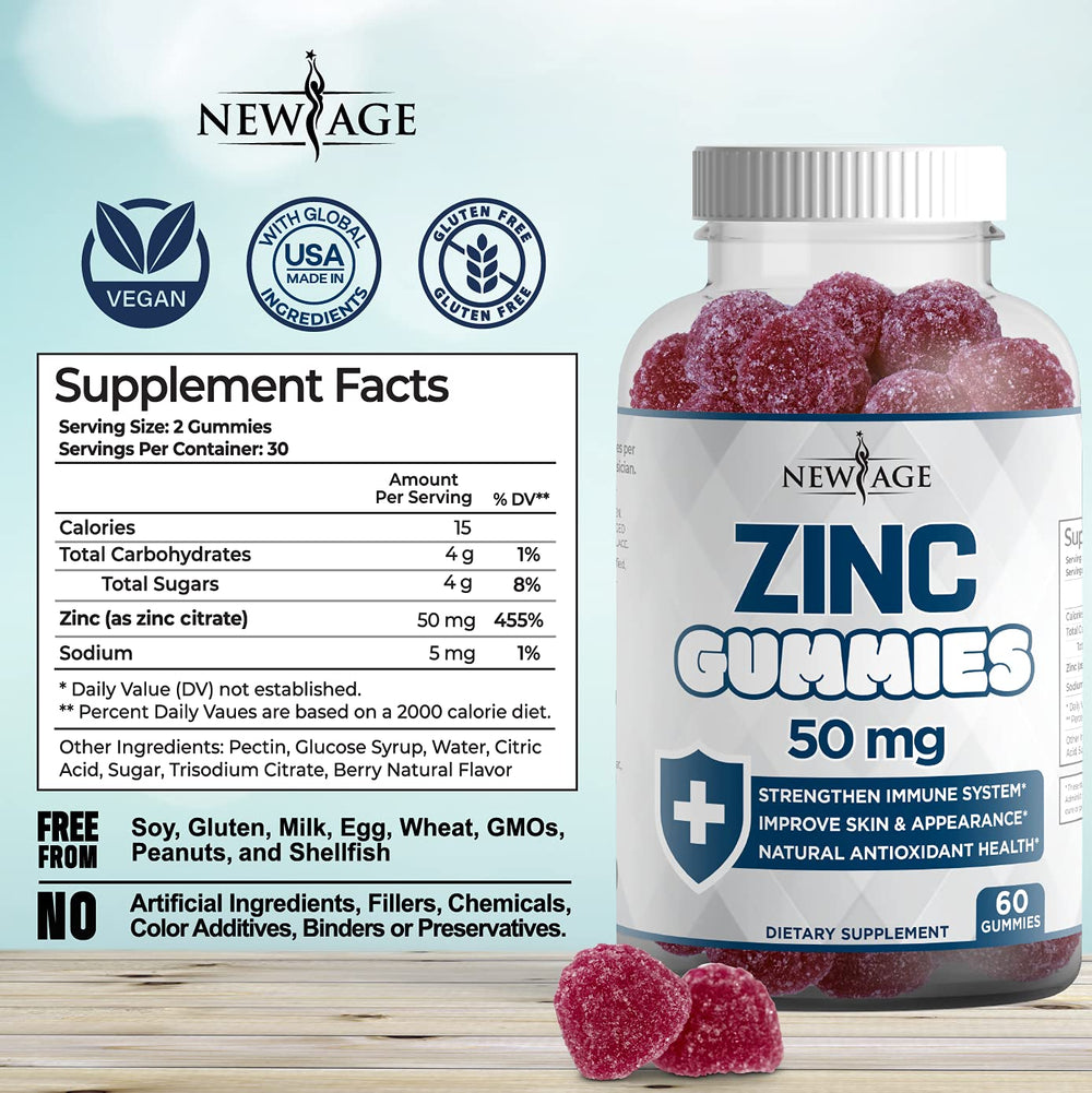 Close-up of Zinc Gummies bottle showing 50mg zinc per serving