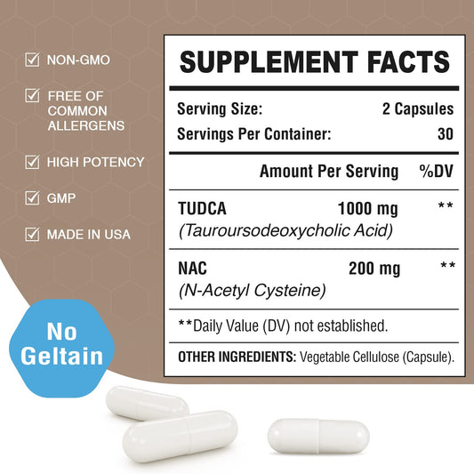 Close-up of Zingicin TUDCA with NAC 1200mg capsules in bottle