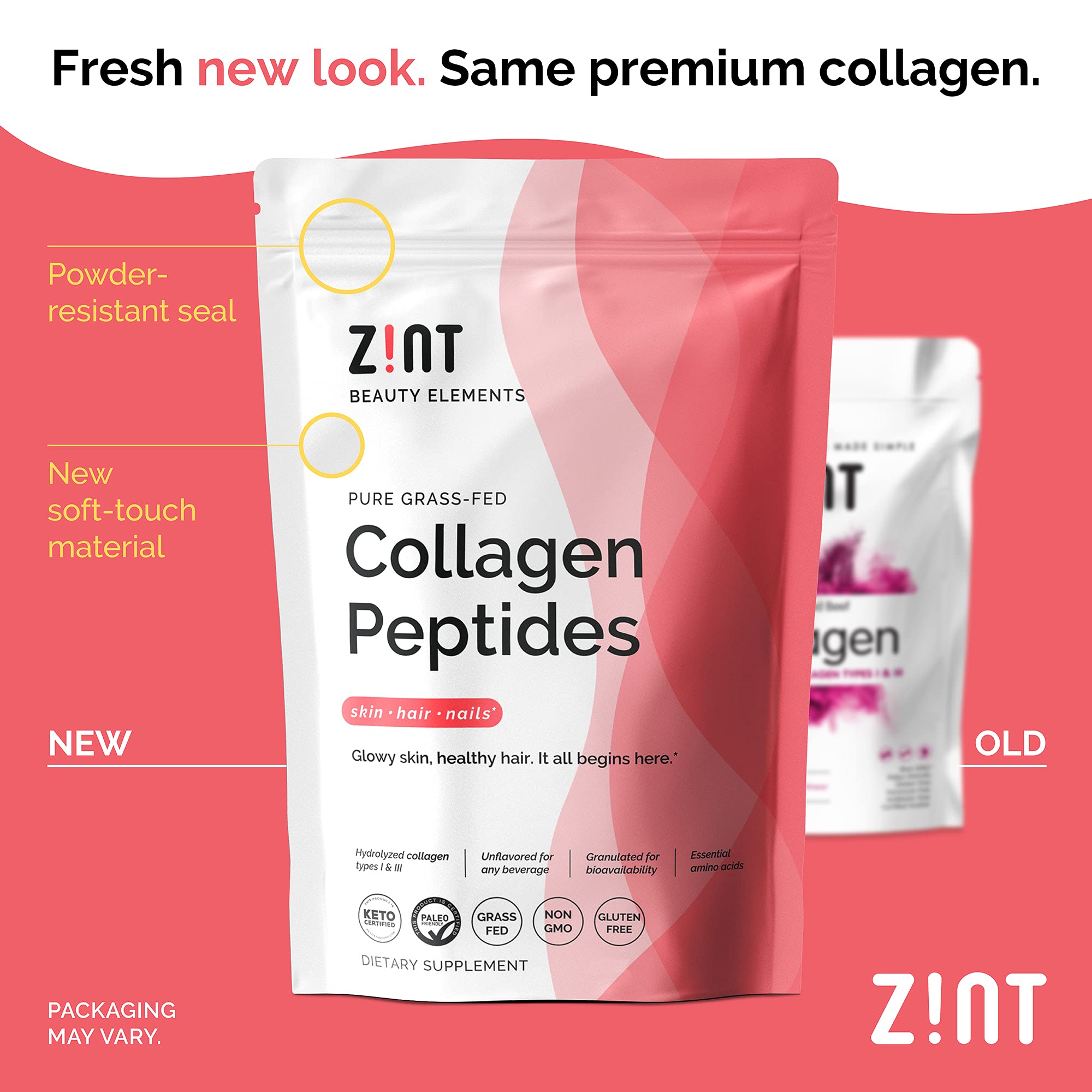 Zint Collagen Peptides Powder being poured into coffee for quick, flavor-free mixing.
