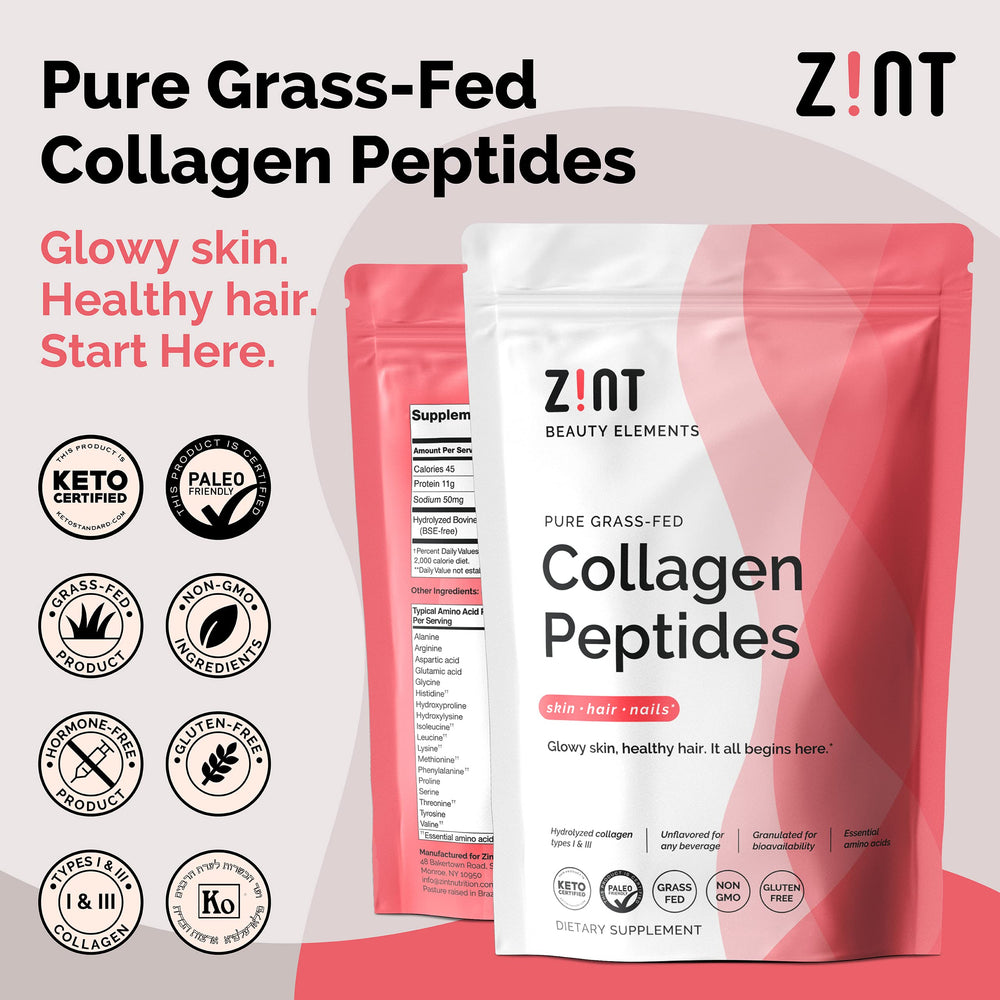 Close-up of Zint collagen powder label on 32 oz jar