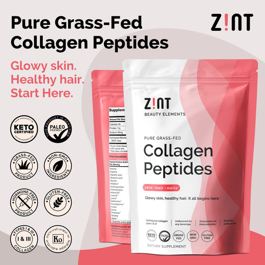 Close-up of Zint collagen powder label on 32 oz jar