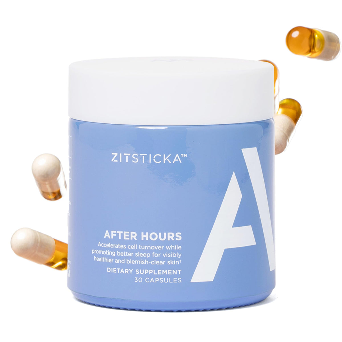 Front view of ZitSticka Vitamin Acne Supplement bottle with 30 capsules