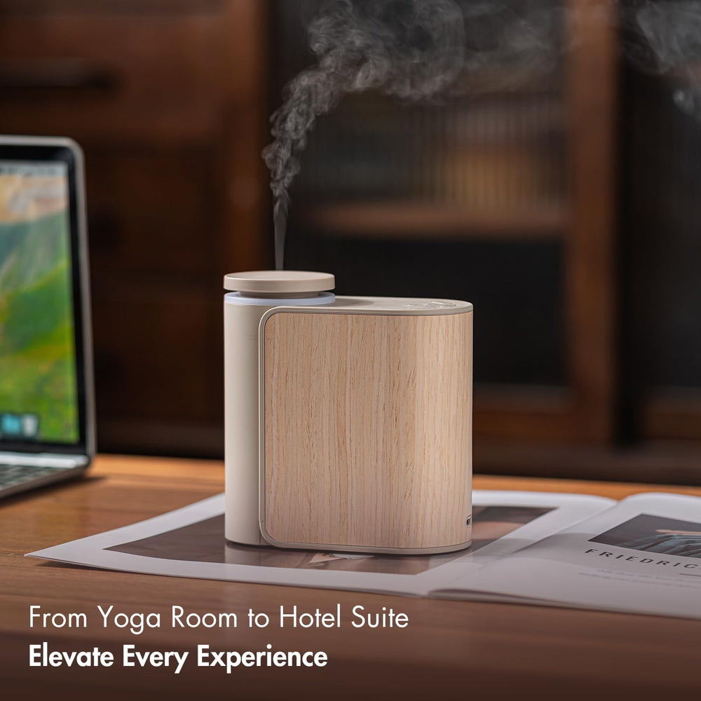 Close-up of the natural wood casing on the diffuser