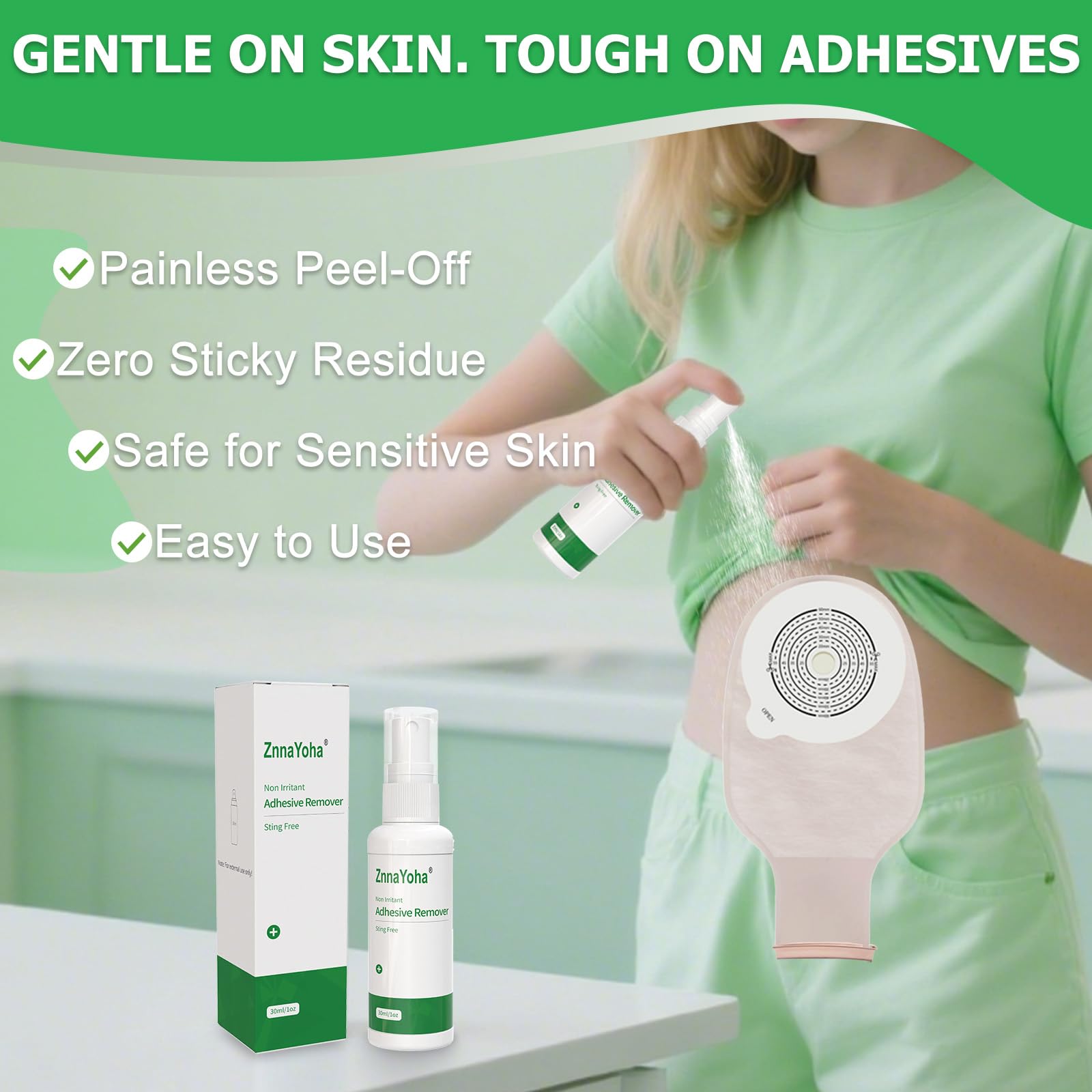 ZnnaYoha adhesive remover ostomy-area use for gentle removal.