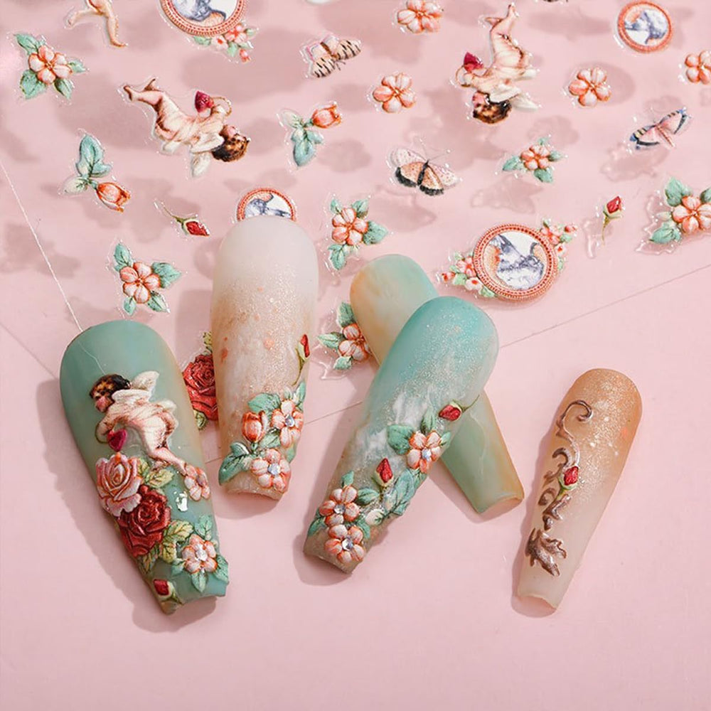 Zoance embossed angel nail stickers 5D closeup highlighting texture and depth