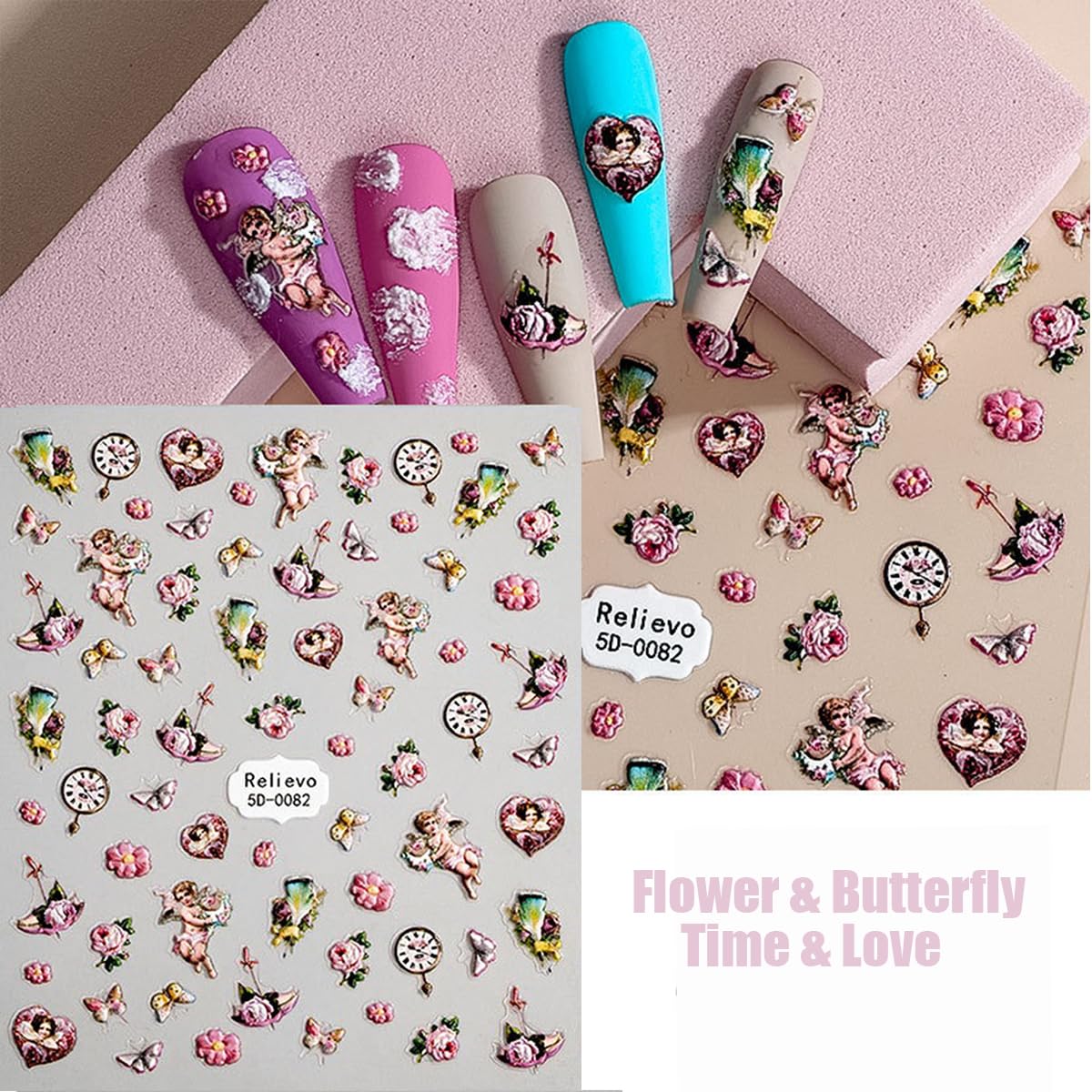 Zoance embossed angel nail stickers with flower and cupid decal for festive nail art