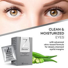 Zocular Zocuwipe closeup wipes show deep eyelid margin cleansing after makeup removal.