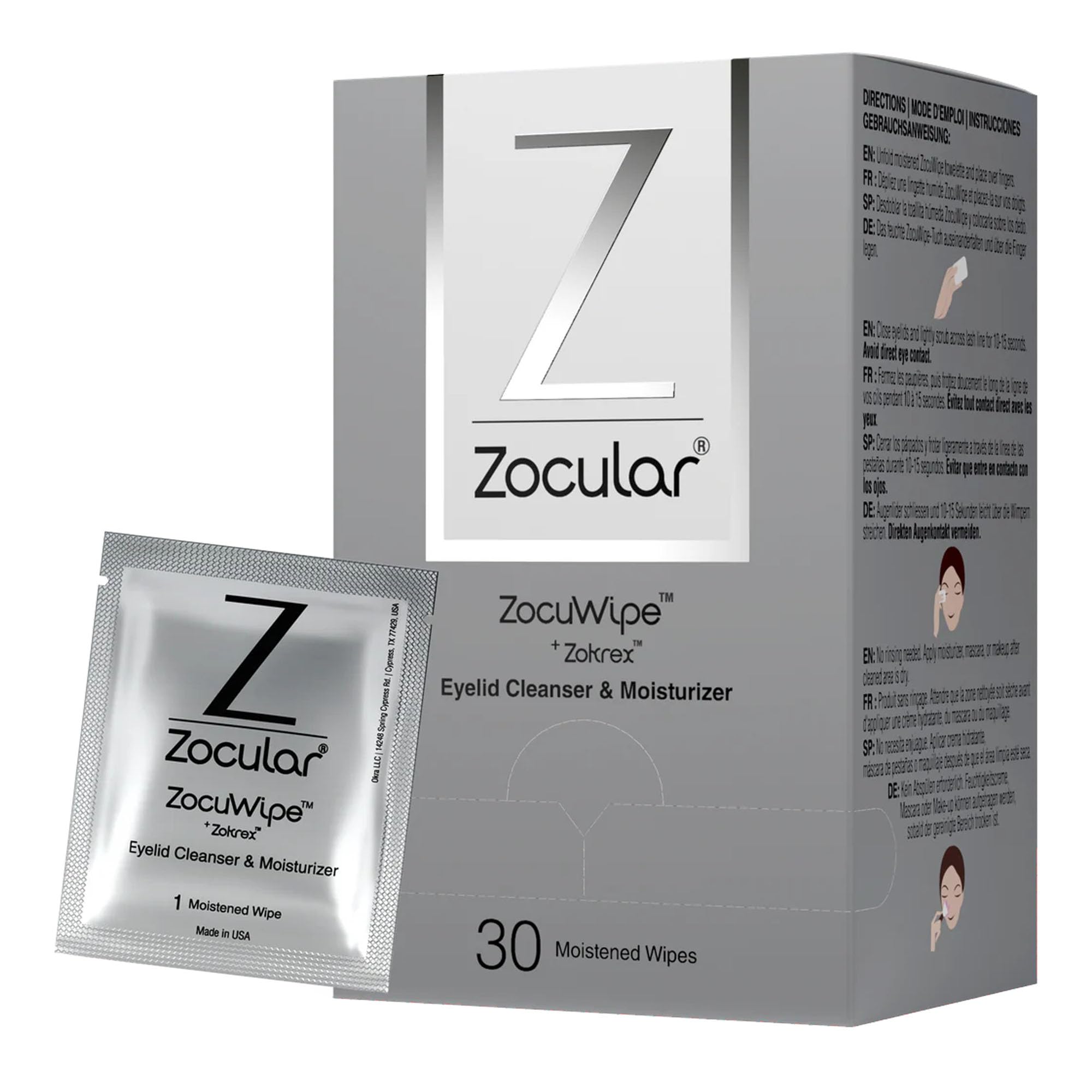 Zocular Zocuwipe eyelid wipes 15ct pack for on-the-go eyelid cleansing and refreshment.