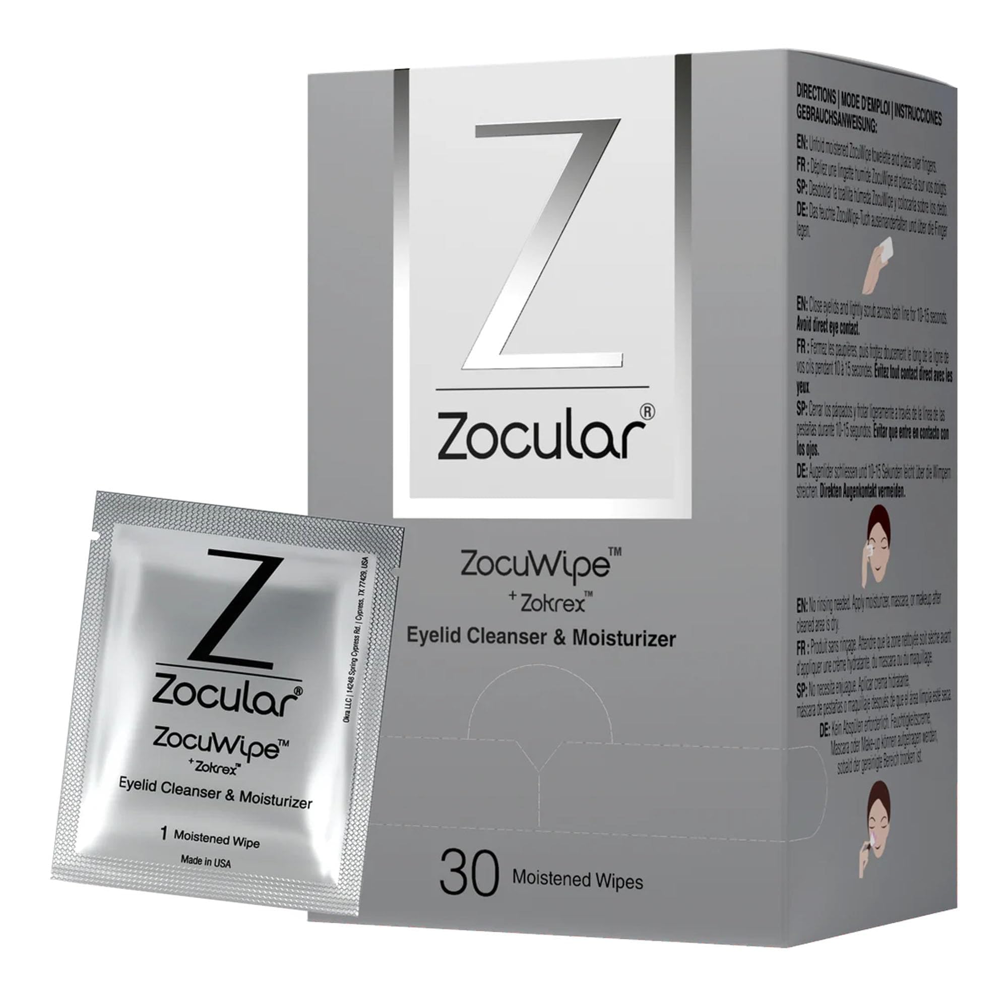 Zocular Zocuwipe eyelid wipes in packaging offer convenient on-the-go eyelid cleansing.