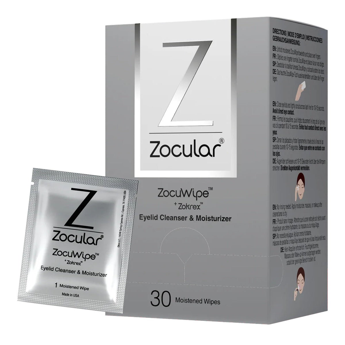 Zocular Zocuwipe eyelid wipes packaging highlights a convenient 40-count box for on-the-go eyelid care