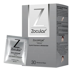 Zocular Zocuwipe eyelid wipes packaging highlights a convenient 40-count box for on-the-go eyelid care