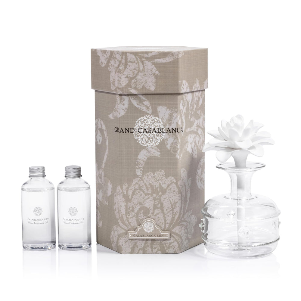 Zodax Grand Casablanca porcelain diffuser with glass bottle and flower, 6.76 oz