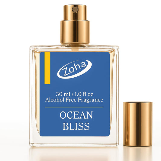 Zoha Ocean Bliss bottle closeup showcases marine notes and clean formula.