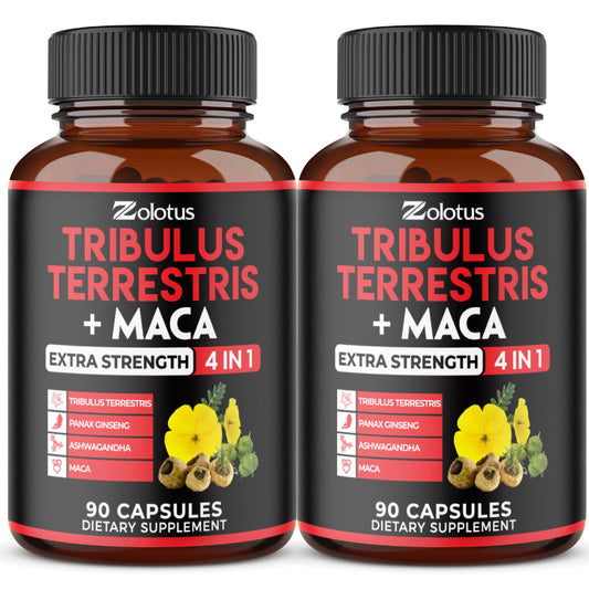 Zolotus 2-pack bottle front showing Tribulus Terrestris, Maca, Ashwagndha, Panax Ginseng