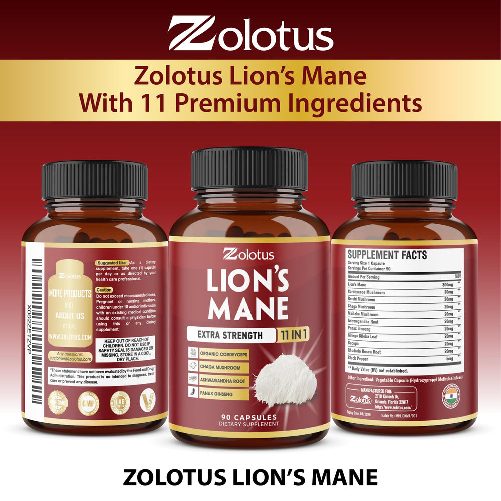 3-month supply box of Zolotus 11-in-1 Lion's Mane capsules