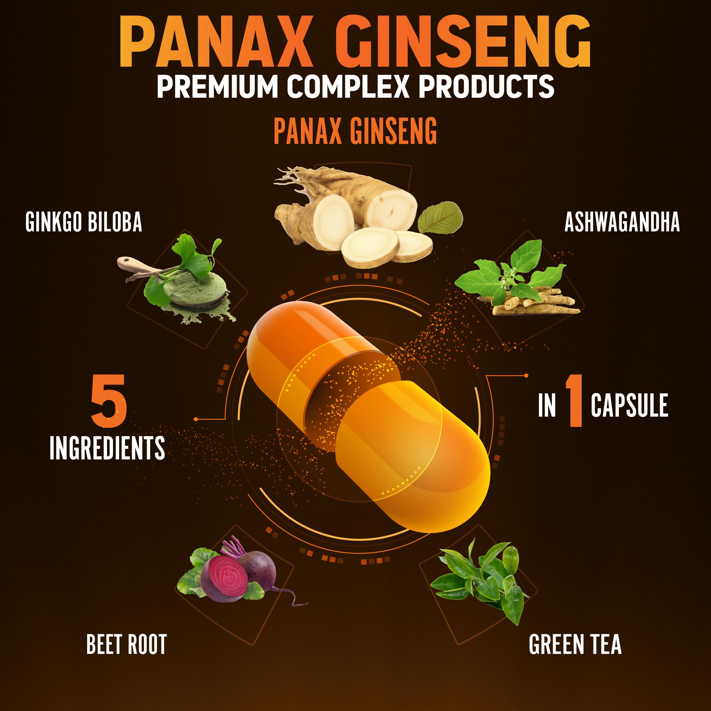 Herbal ingredients illustration: Ginkgo Biloba, Ashwagandha, Beetroot, Green Tea