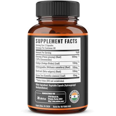 Close-up of product label showing ingredients Panax Ginseng, Gingko Biloba, Ashwagandha, Beetroot and Green Tea