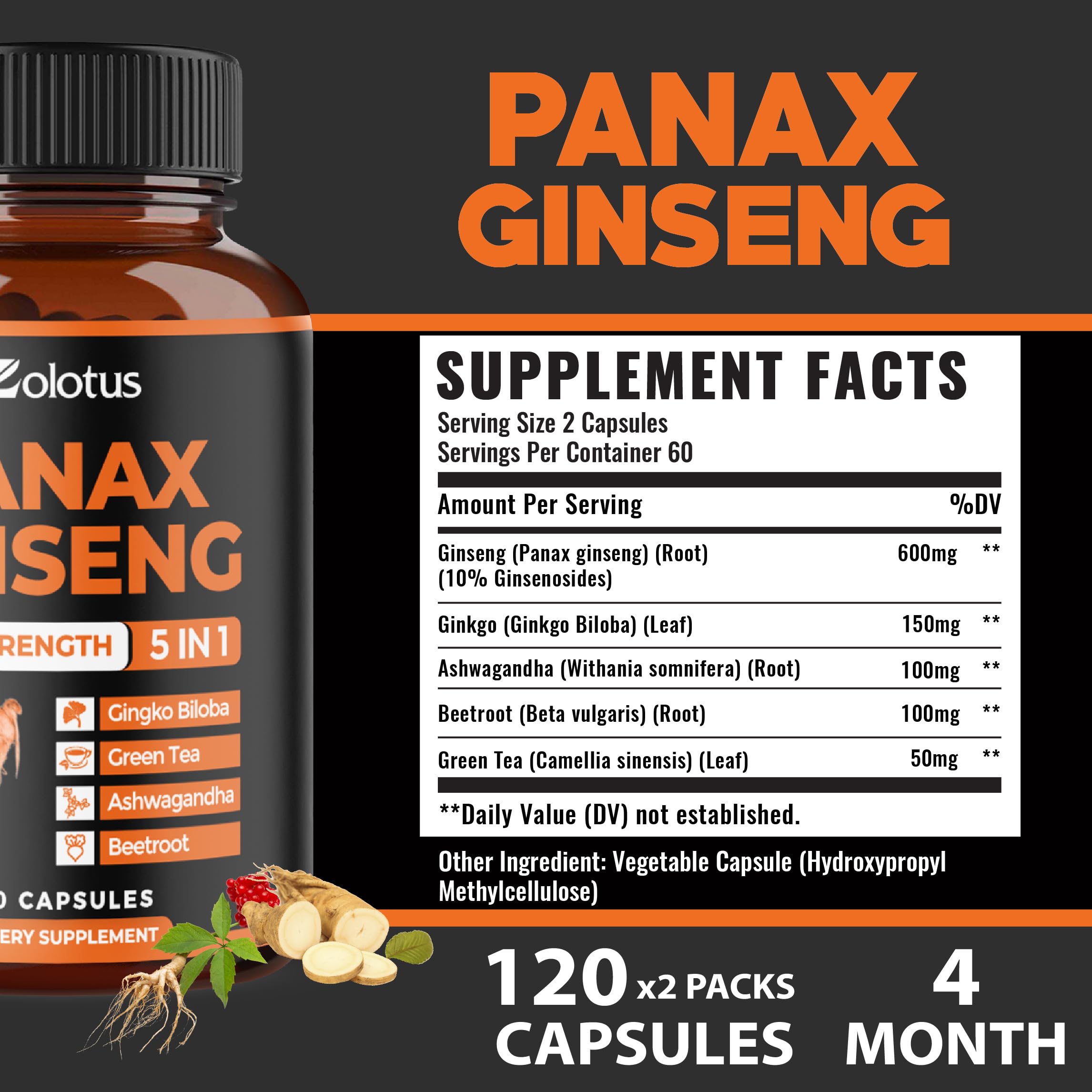 Label close-up featuring Panax Ginseng and Gingko Biloba