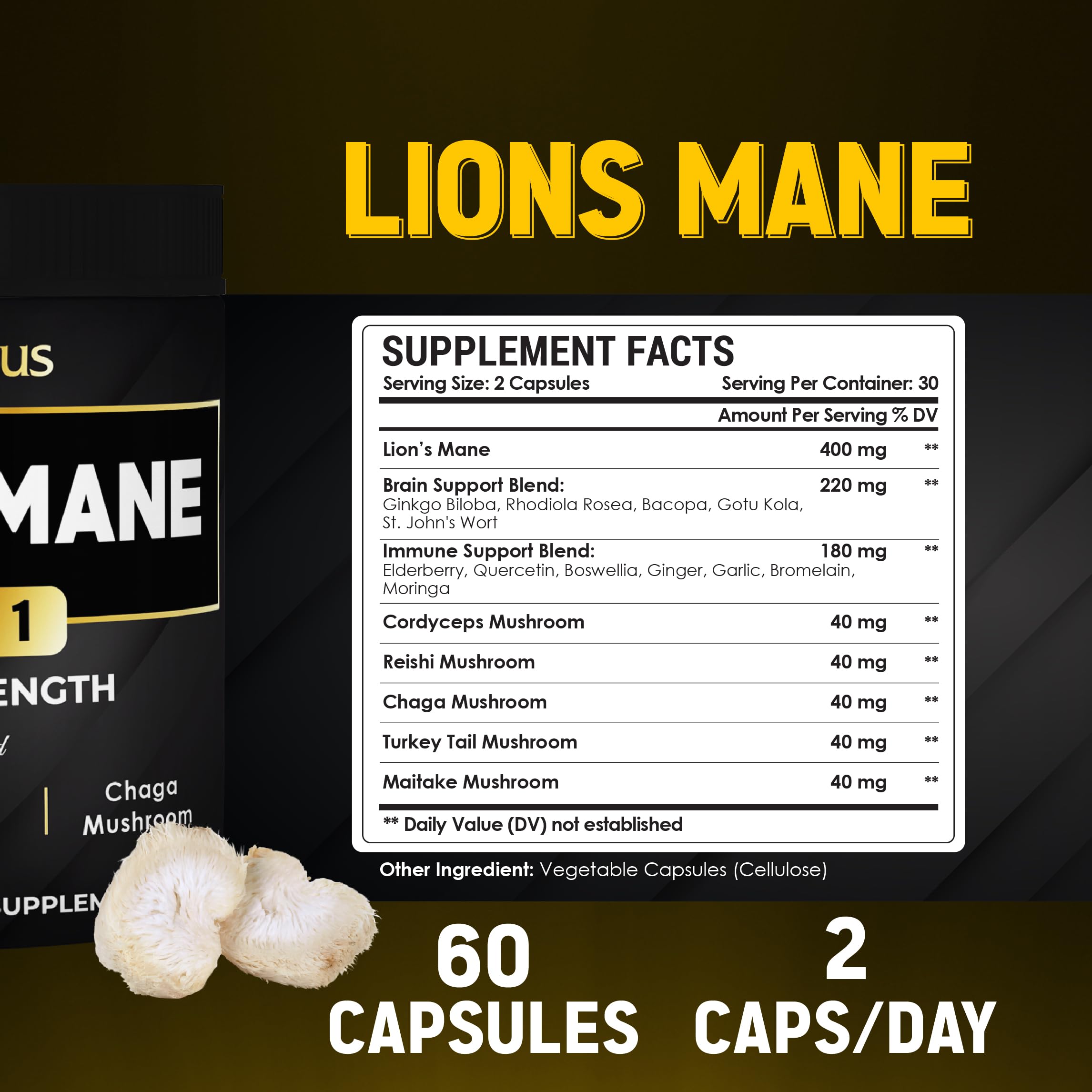 Mushroom blend ingredients: Lion’s Mane, Cordyceps, Reishi, Chaga, Turkey Tail, Maitake