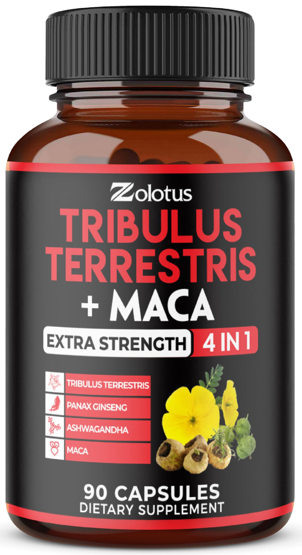 Zolotus Premium Tribulus Terrestris capsules bottle with Ashwagandha, Panax Ginseng & Maca