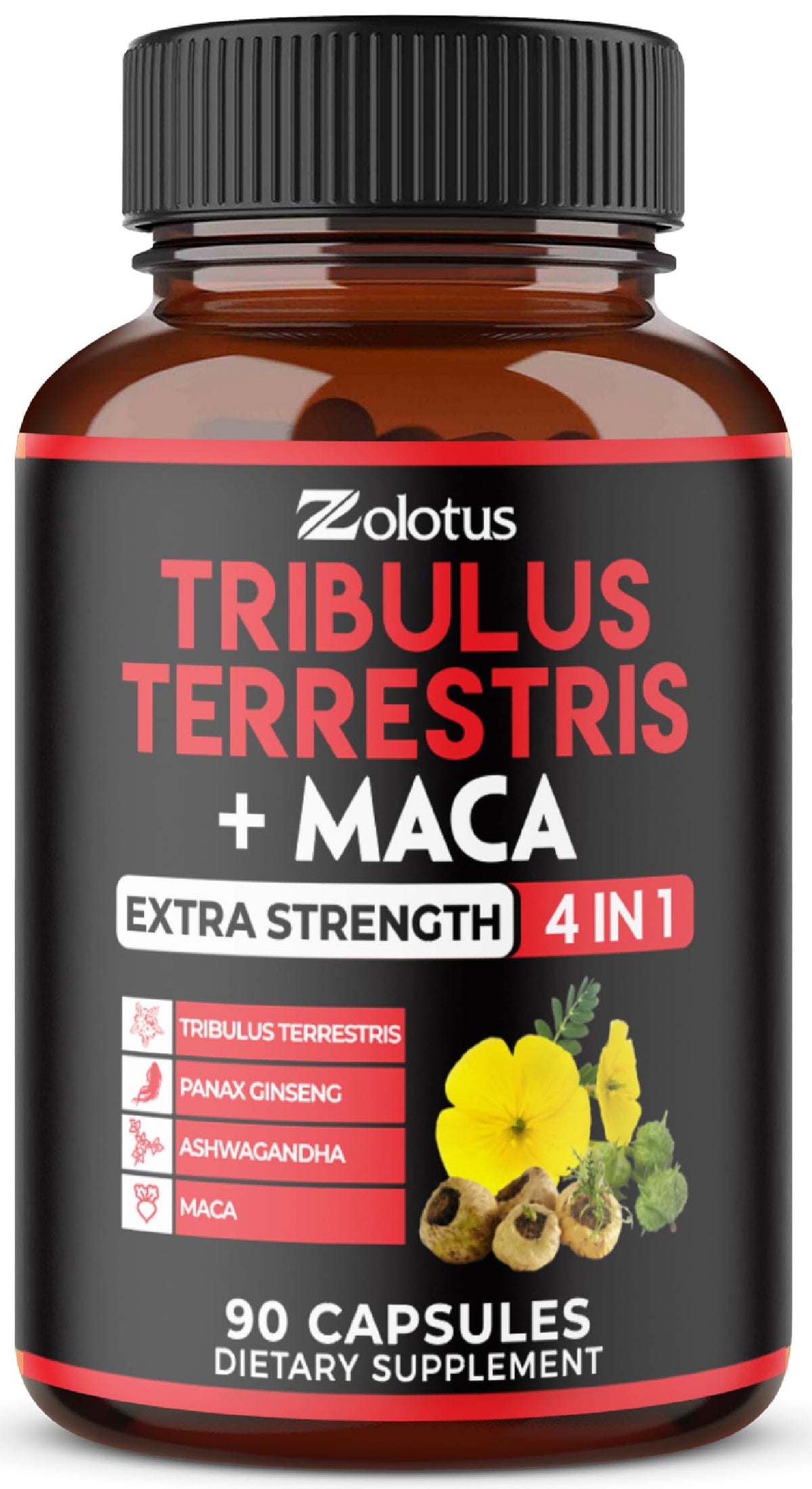 Zolotus Premium Tribulus Terrestris capsules bottle with Ashwagandha, Panax Ginseng & Maca
