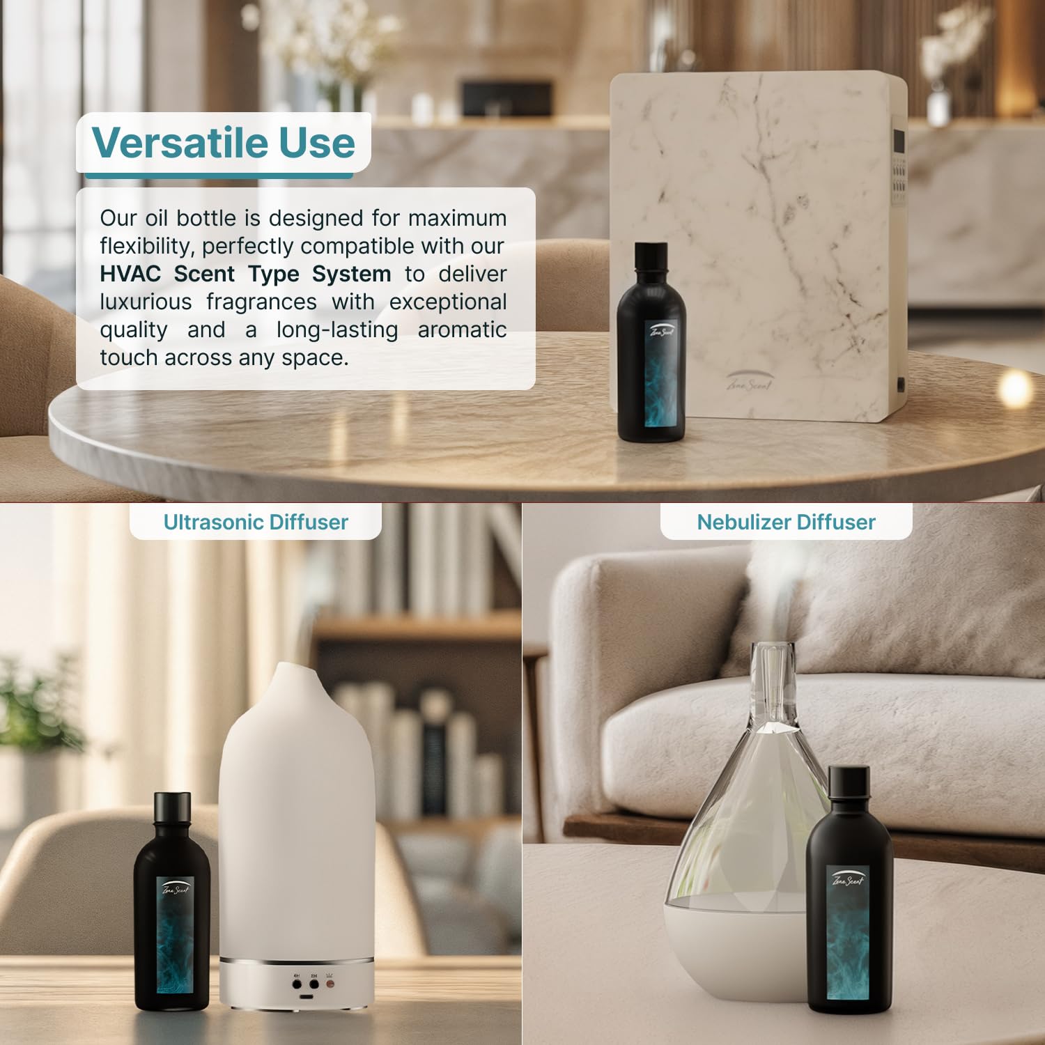 Zone Scent BOMBEI diffuser-ultrasonic demonstrates compatibility with ultrasonic diffusers for steady scent.