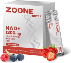 Zoone Nutra NAD 1200mg bottle with NR, PQQ and Resveratrol, 30 packets