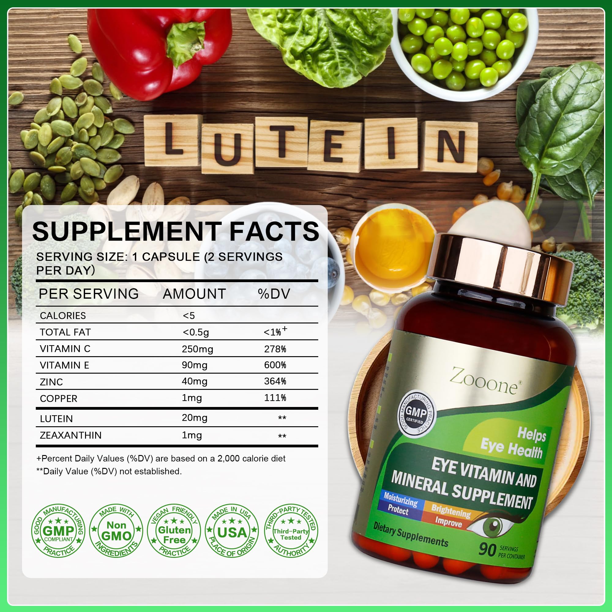 Supplement facts panel showing zinc, copper, vitamins C and E